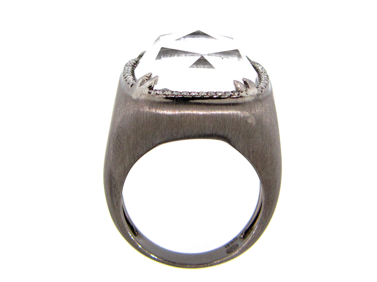 WHITE QUARTZ & DIAMOND RING, BLACK FINISH, SILVER (H/N)