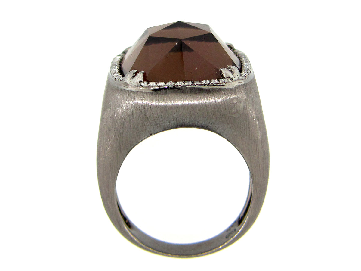 SMOKEY QUARTZ & DIAMOND RING, BLACK FINISH, SILVER (H/N)