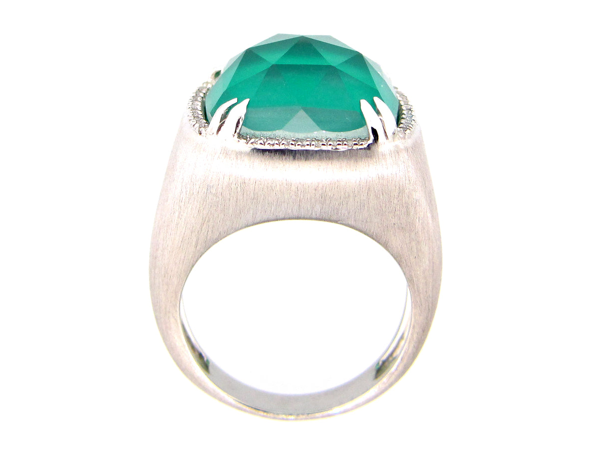 EMERALD COLOR QUARTZ DOUBLET & DIAMOND RING, SILVER (ASBL)