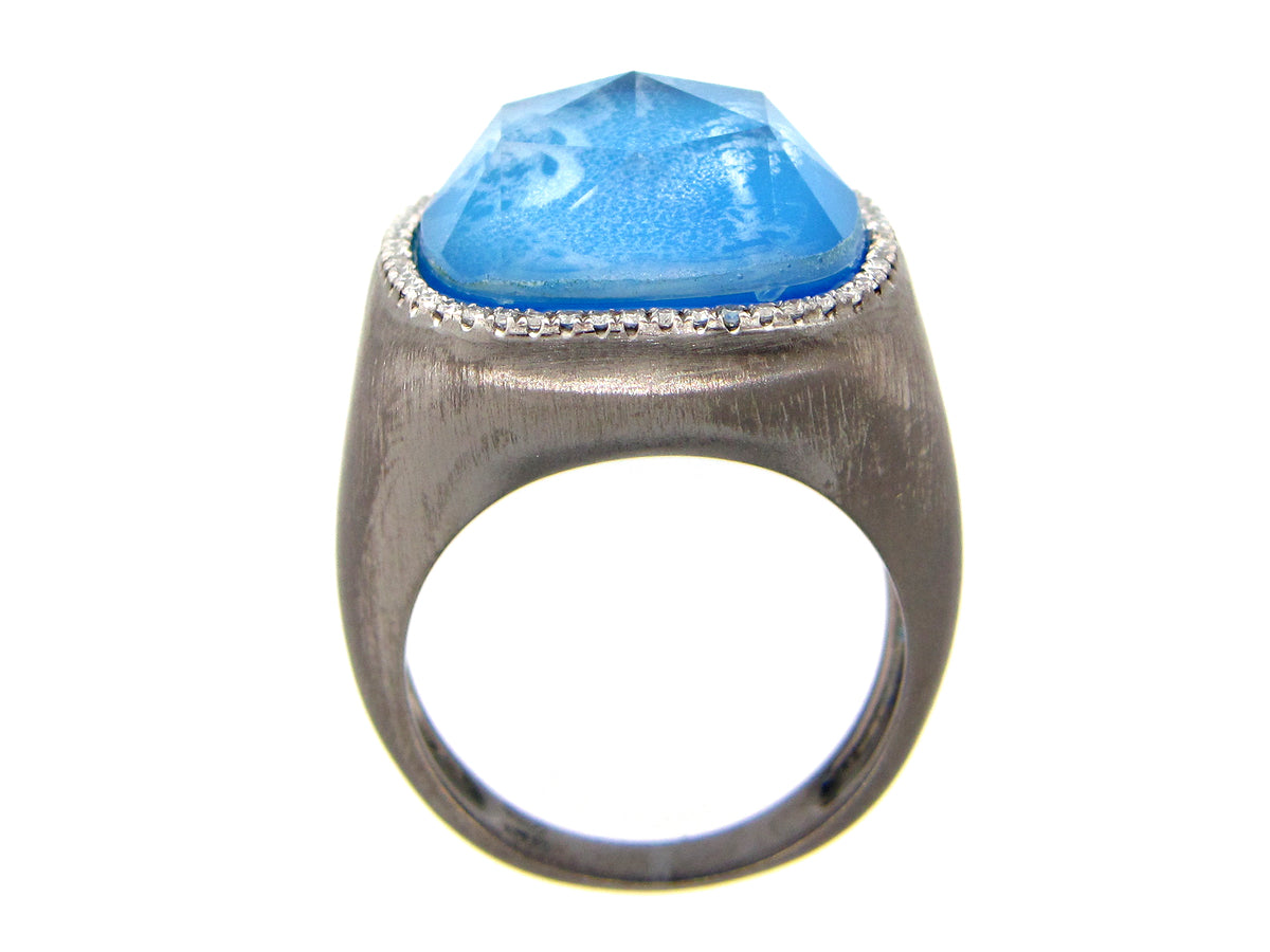 VIOLET COLOR QUARTZ DOUBLET & DIAMOND RING, BLACK FINISH
