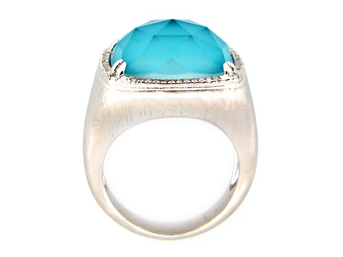 TURQUOISE COLOR QUARTZ DOUBLET & DIAMOND RING, SILVER (ASBL)