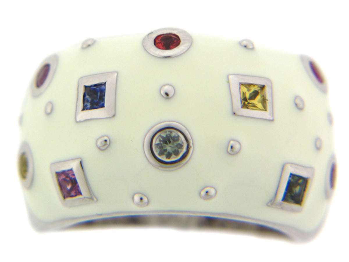RAINBOW SAPPHIRE/CREAM ENAMEL RING, SILVER (H/U)