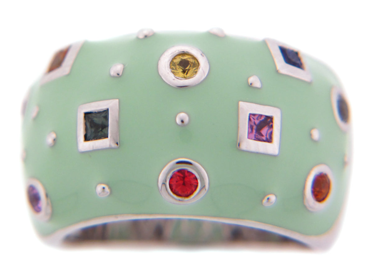 RAINBOW SAPPHIRE/GREEN ENAMEL RING, SILVER (H/U)