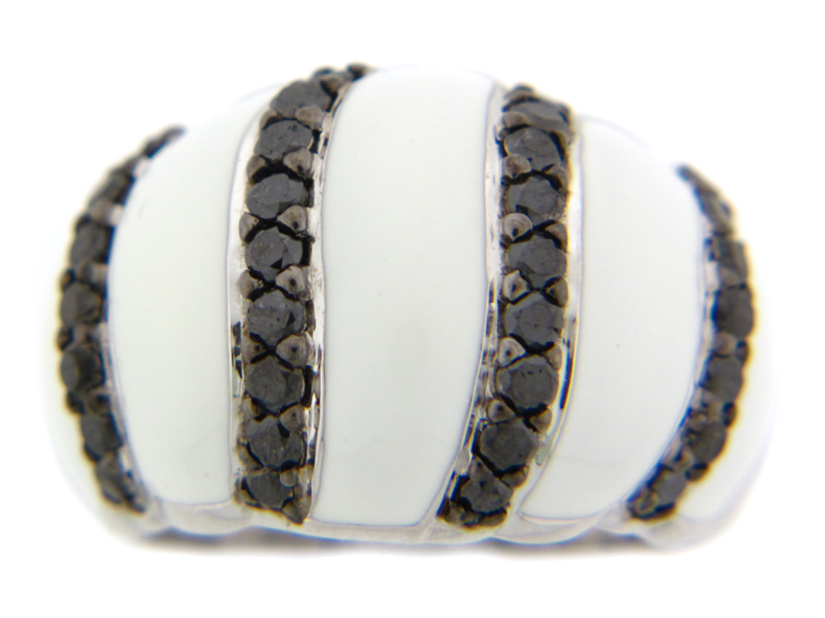 BLACK DIAMOND/WHITE ENAMEL RING, SILVER (R)