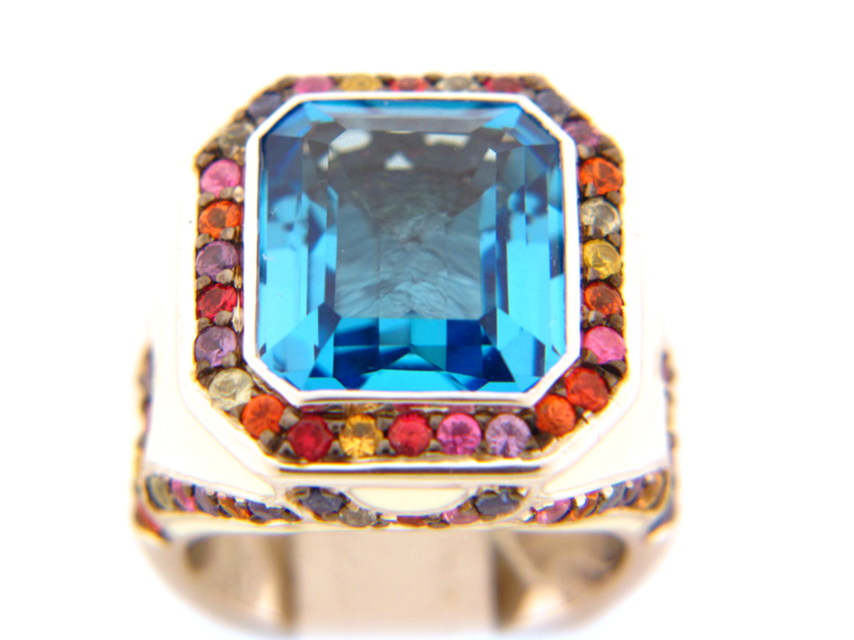 BLUE TOPAZ & MULTI COLOR SAPPHIRE/CREAM ENAMEL RING