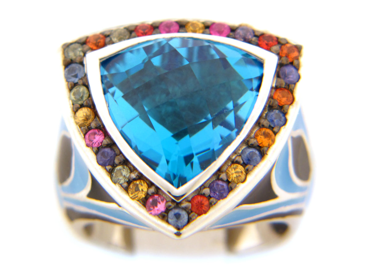 CHB BLUE TOPAZ & MULTI SAPPHIRE/BLUE & BLACK ENAMEL RING