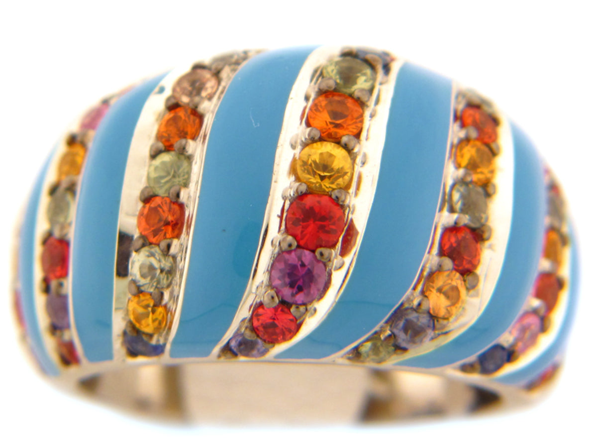 RAINBOW SAPPHIRE/BLUE ENAMEL RING, SILVER (H/U)