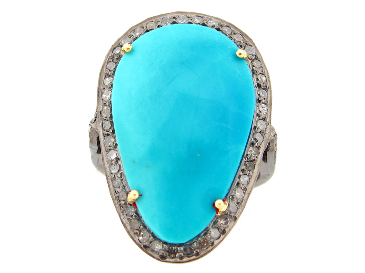 TURQUOISE & BROWN DIAMOND RING, YELLOW FINISH, SILVER (H)