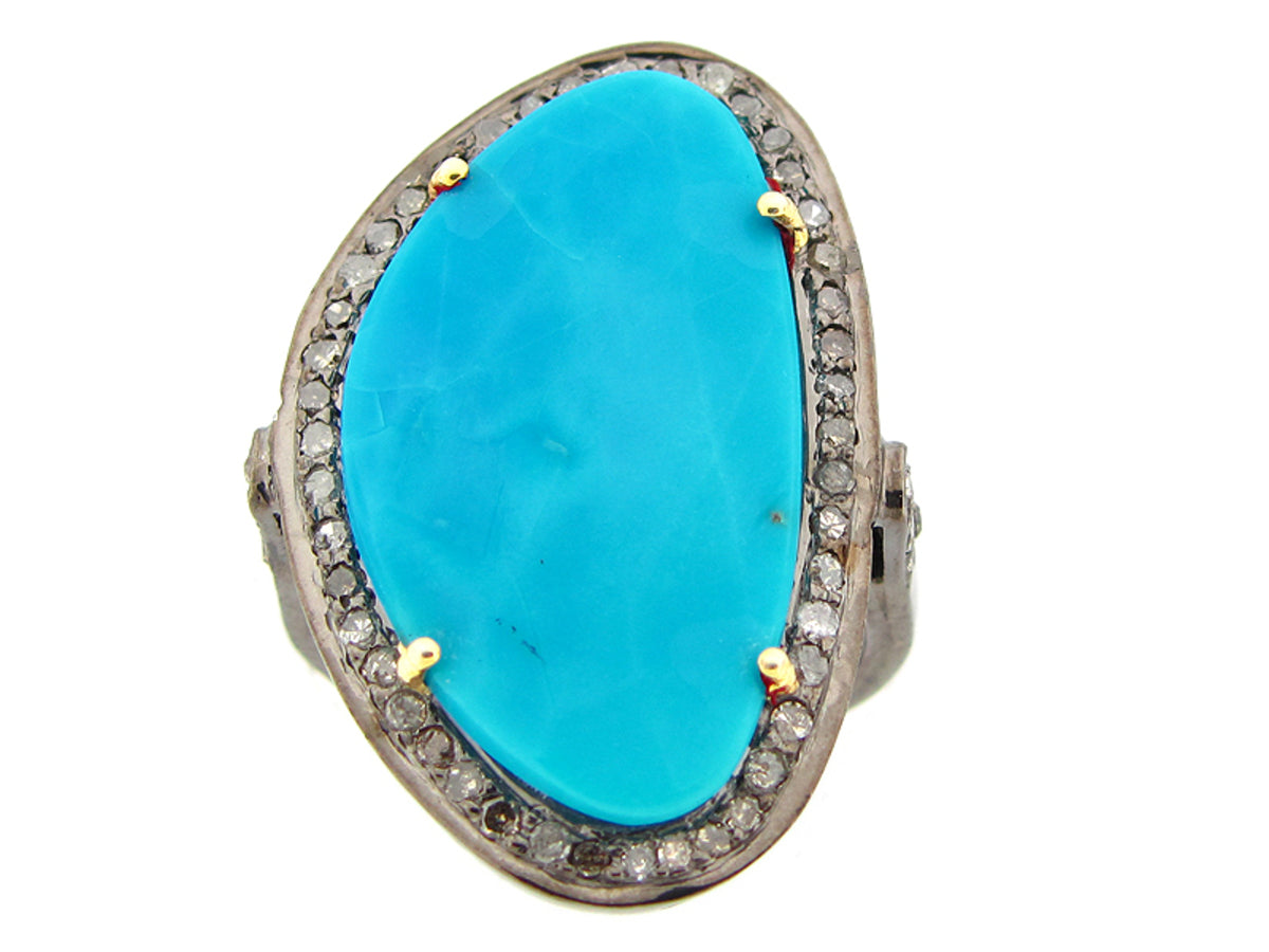 TURQUOISE & BROWN DIAMOND RING, YELLOW FINISH, SILVER (H)