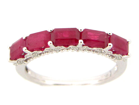 RUBY EMERALD CUT & DIAMOND 5 STONE RING, 14KW (H)