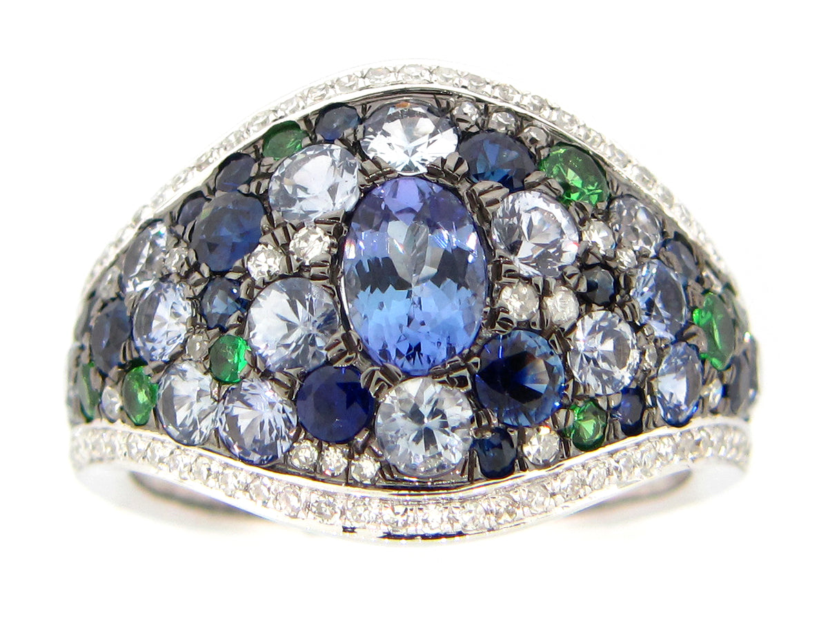 SAPPHIRE, TANZANITE, TSAVORITE & DIAMOND RING, 14KW (H/N)