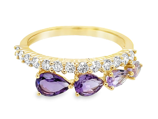 AMETHYST PEARS & DIAMOND TAPERED RING