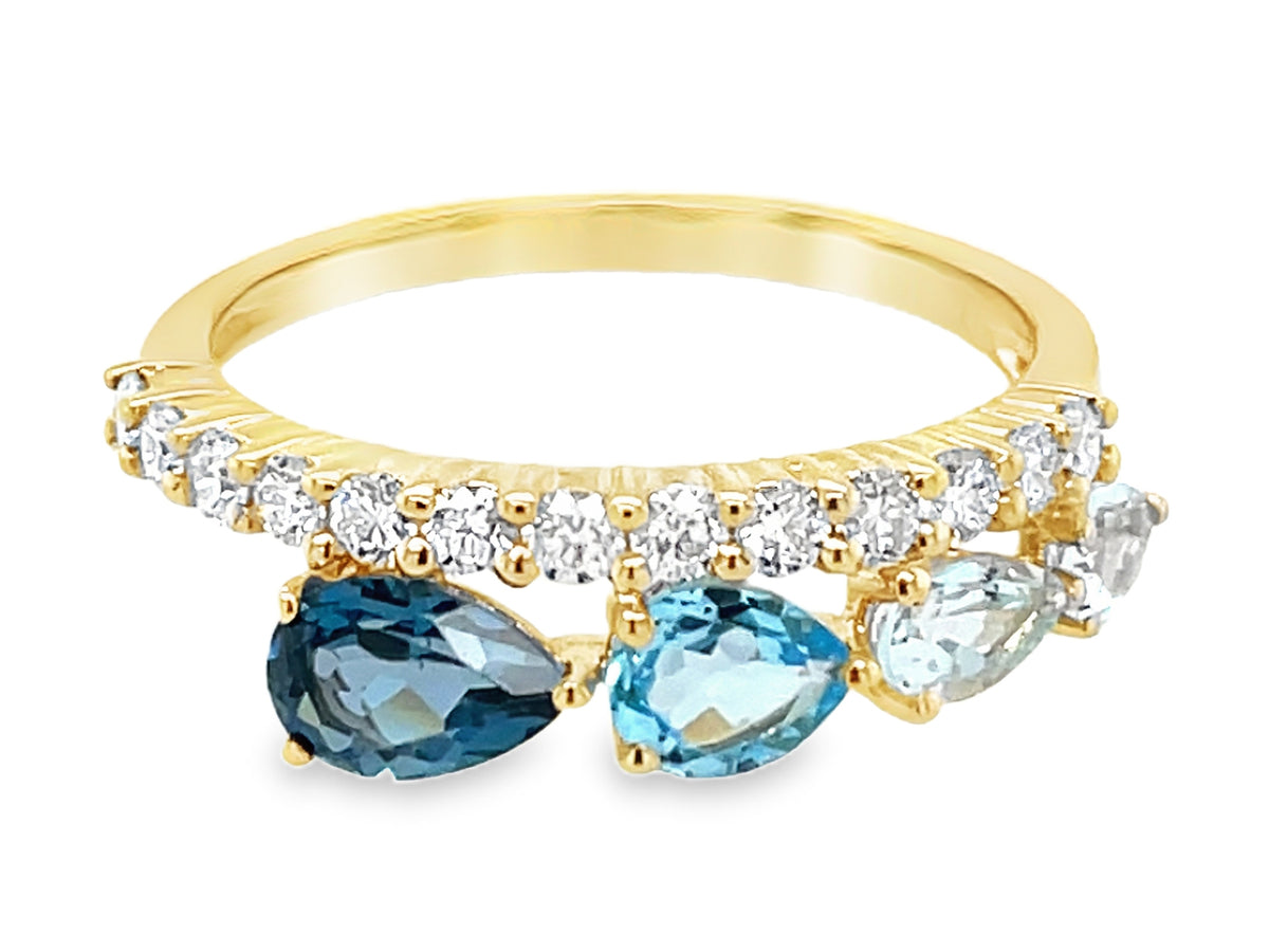 BLUE TOPAZ PEARS & DIAMOND TAPERED RING