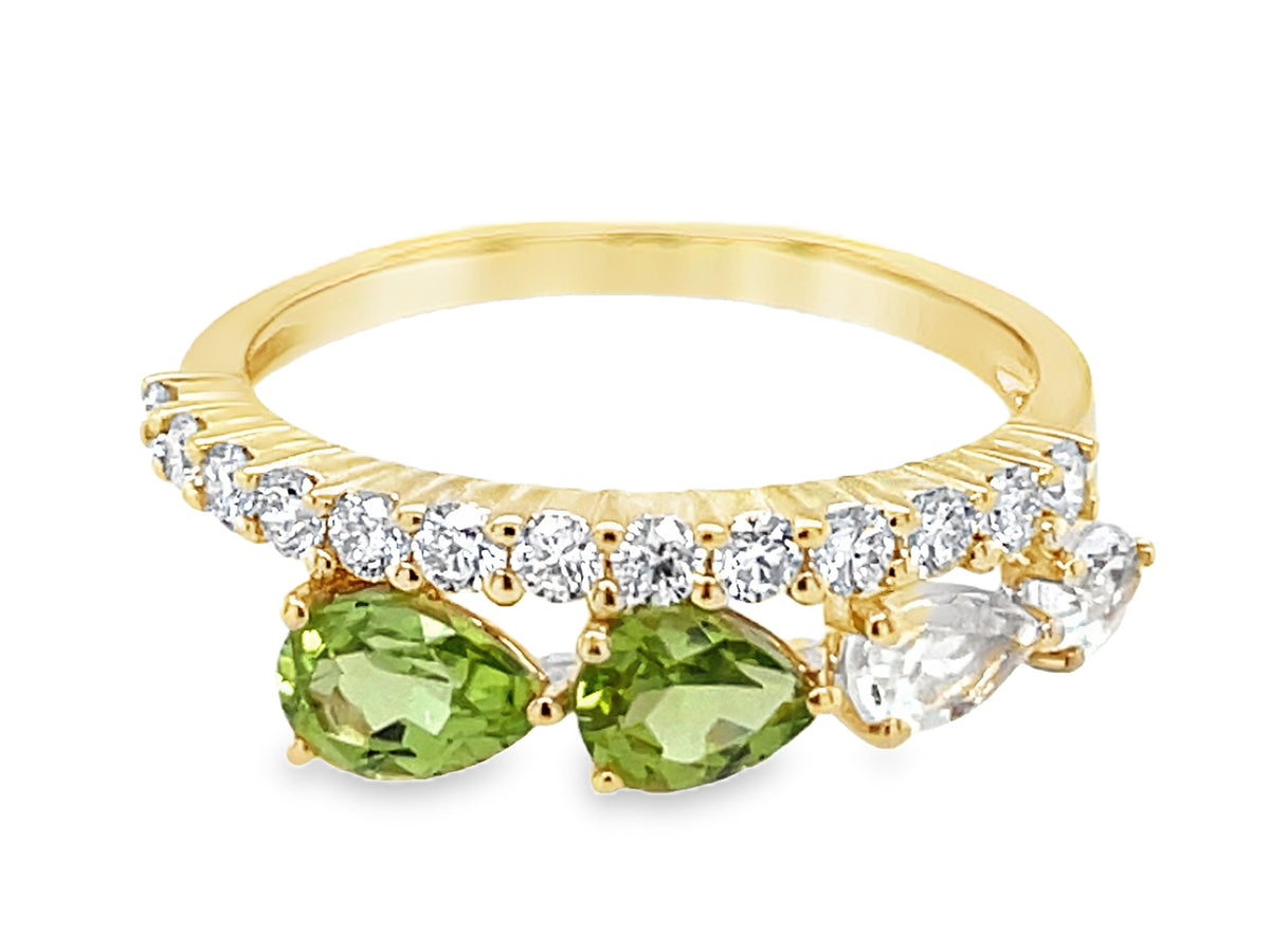 PERIDOT, GREEN AMETHYST PEARS & DIAMOND TAPERED RING