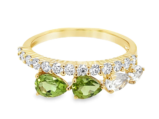 PERIDOT, GREEN AMETHYST PEARS & DIAMOND TAPERED RING