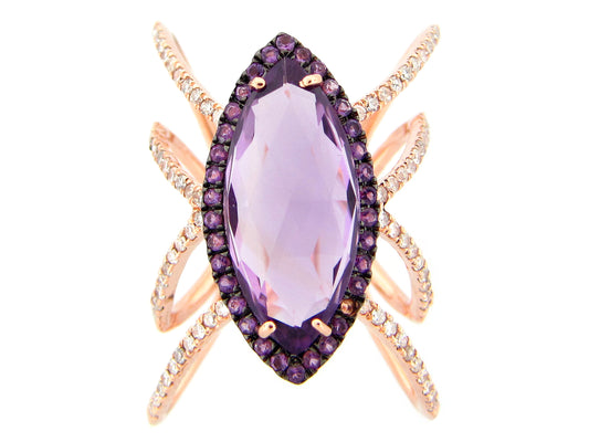 AMETHYST MARQUISE & DIAMOND SPIDER RING, 14KR (N)