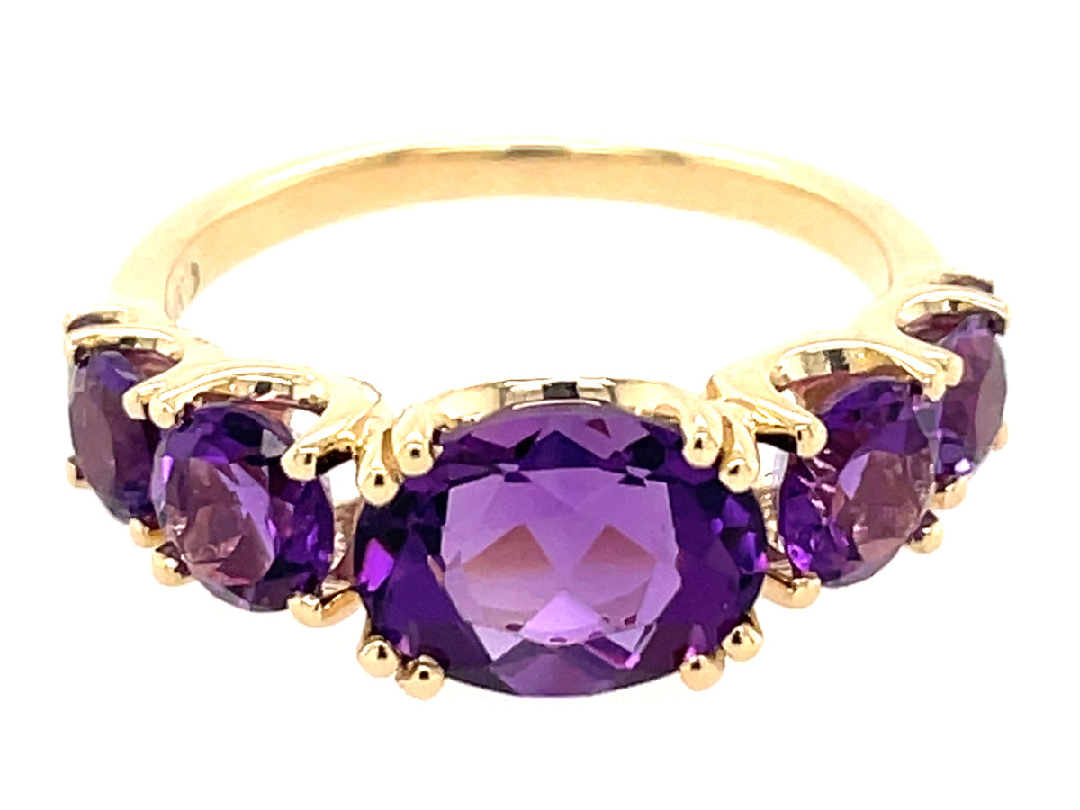 AMETHYST 5 STONE & DIAMOND TAPERED RING, 14KY (H)