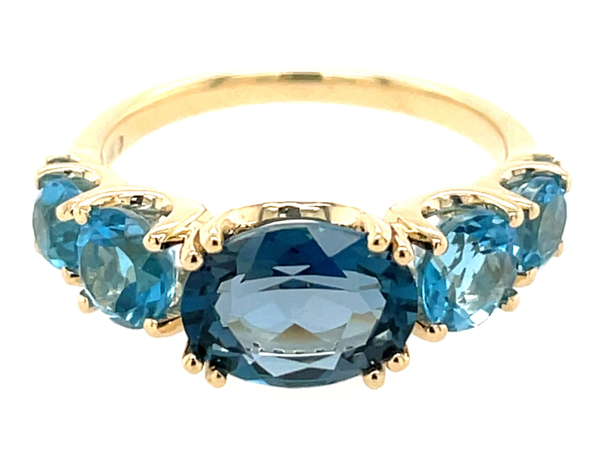 BLUE TOPAZ 5 STONE & DIAMOND TAPERED RING, 14KY (R)