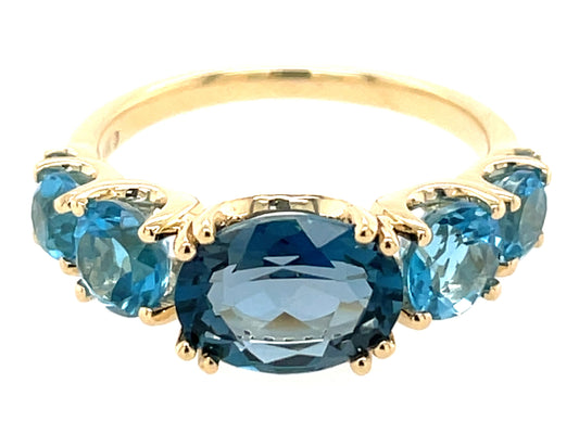 BLUE TOPAZ 5 STONE & DIAMOND TAPERED RING, 14KY (R)