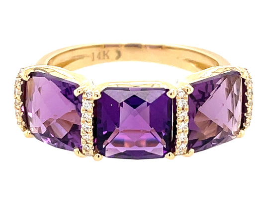 AMETHYST 3 STONE & DIAMOND RING, SATIN FINISH, 14KY (H)