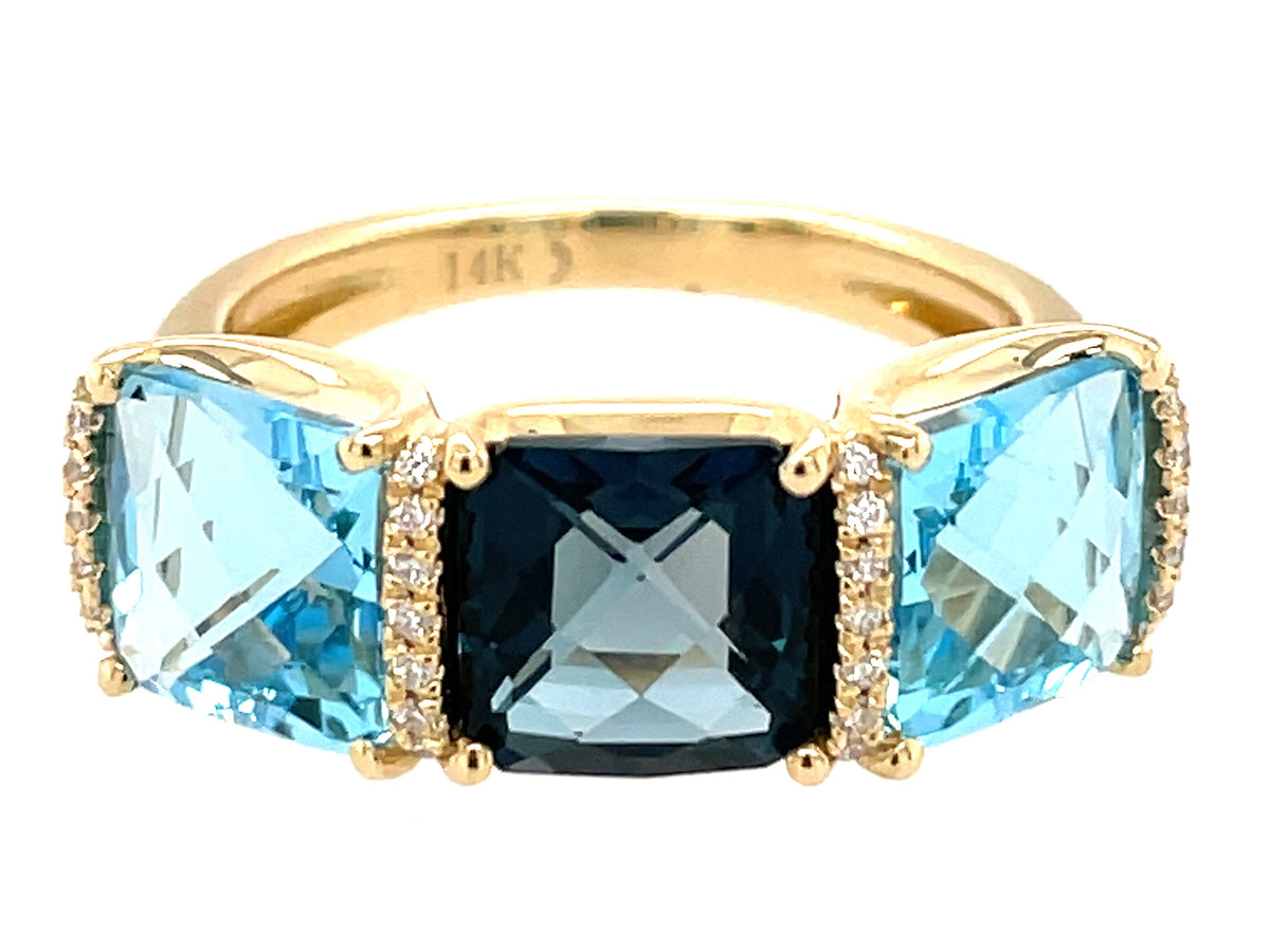 BLUE TOPAZ 3 STONE & DIAMOND RING, SATIN FINISH, 14KY (R)