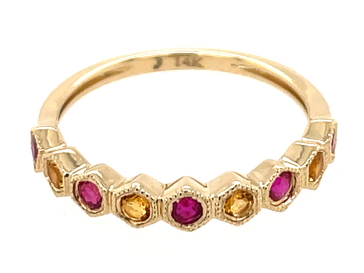 RUBY & CITRINE HONEYCOMB RING, 14KY (H)