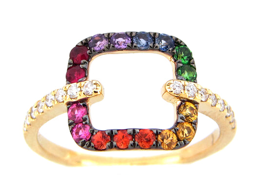 CUSHION TOP RAINBOW SAPPHIRE, TSAVORITE & DIAMOND SQUARE RING, 14KY (H/N)
