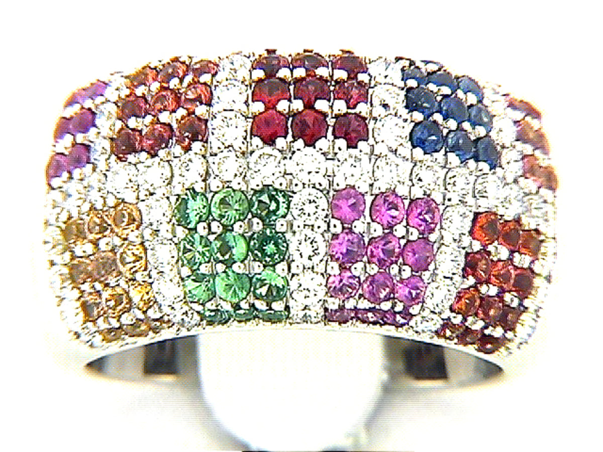 RAINBOW SAPPHIRE, TSAVORITE & DIAMOND RING, 18KW (H/U), C=2.02