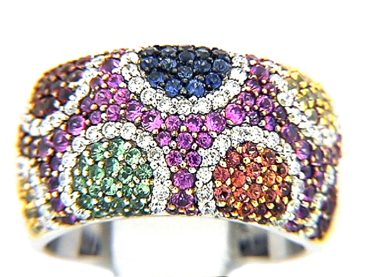 RAINBOW SAPPHIRE, TSAVORITE & DIAMOND RING, 18KW (H/U), C=1.92