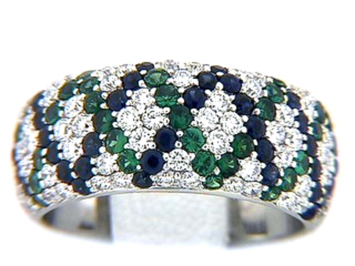 SAPPHIRE, TSAVORITE & DIAMOND RING