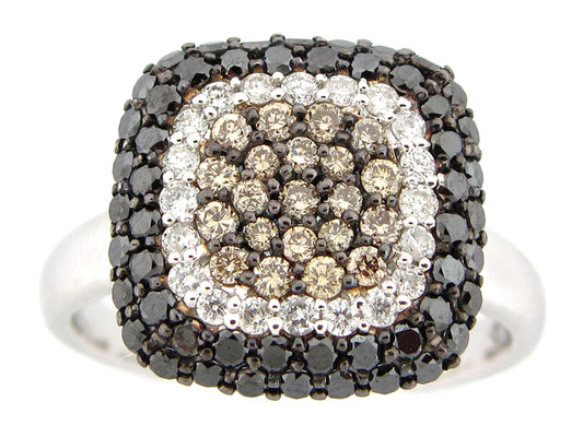 BLACK, BROWN & WHITE DIAMOND RING, 14KW (R/N)