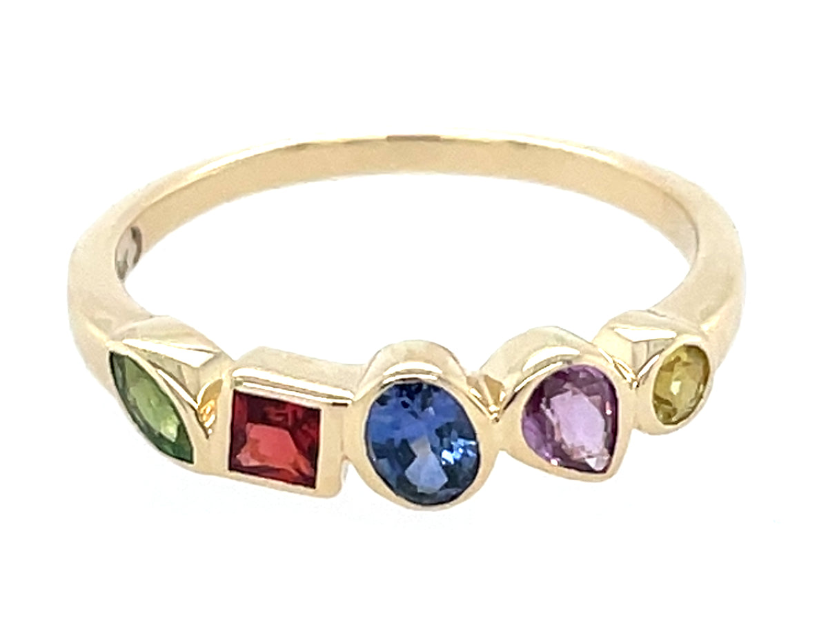 Rainbow Sapphire Tsavorite Assorted Shapes 5 Stone Bezel Ring