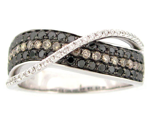BLACK, BROWN & WHITE DIAMOND RING, 14KW (R/N)