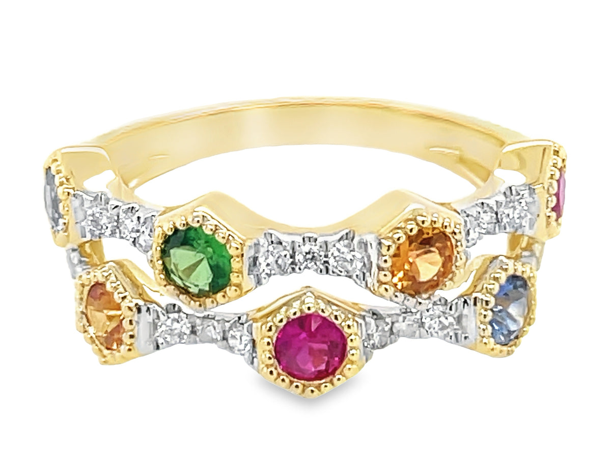 RAINBOW SAPPHIRE, TSAVORITE & DIAMOND BEADED 2 ROW RING