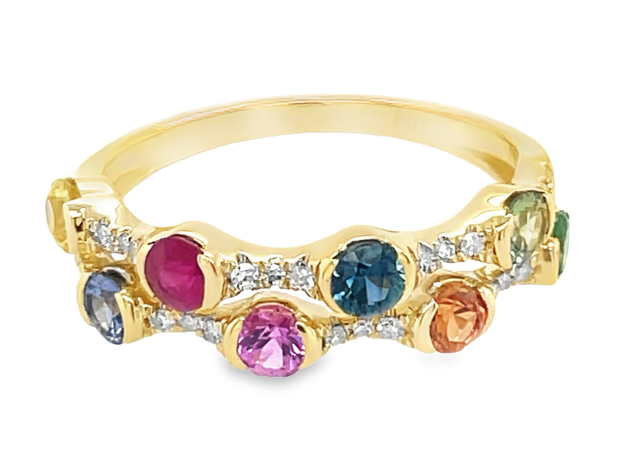 RAINBOW SAPPHIRE, TSAVORITE & DIAMOND BEZEL 2 ROW RING