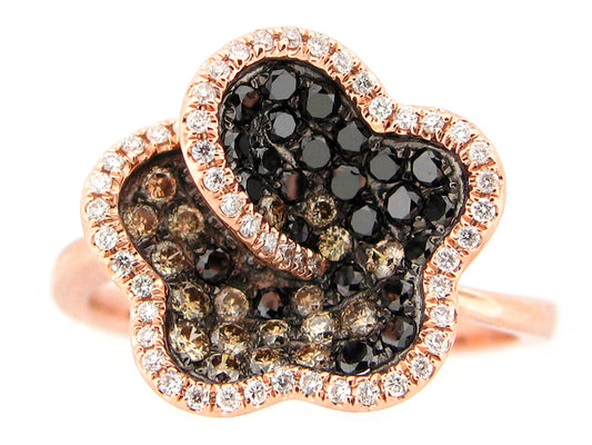 BLACK, BROWN & WHITE DIAMOND FLOWER CUP RING, 14KR (R/N)