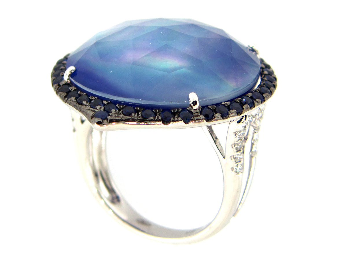 QUARTZ, SHELL & LAPIS TRIPLET, SAPPHIRE & DIAMOND RING, 14KW (ASBL/H)