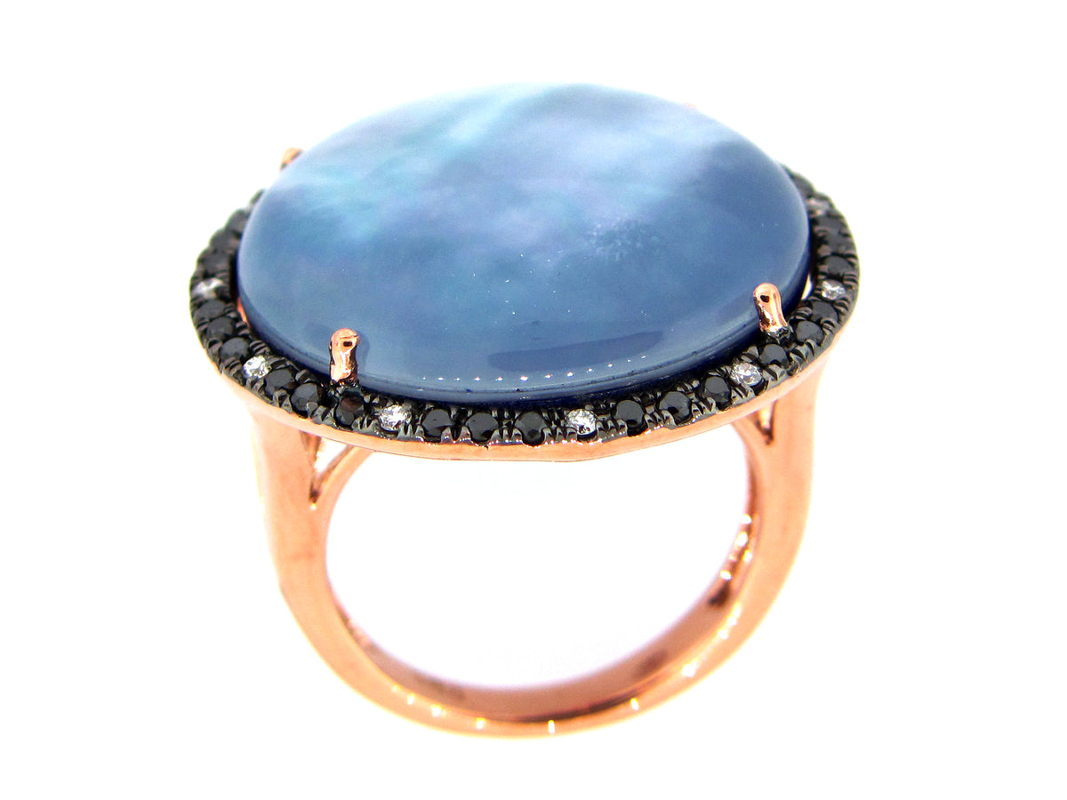 QUARTZ, SHELL & LAPIS TRIPLET, BLACK & WHITE DIAMOND RING, 14KR (ASBL/R)