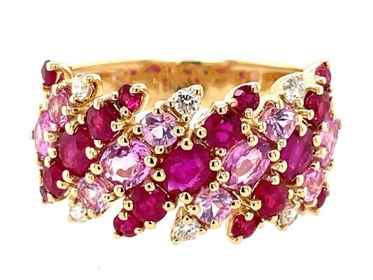 RUBY, PINK SAPPHIRE & DIAMOND STRIPE CLUSTER RING, 11MM, 14KY (H/N)