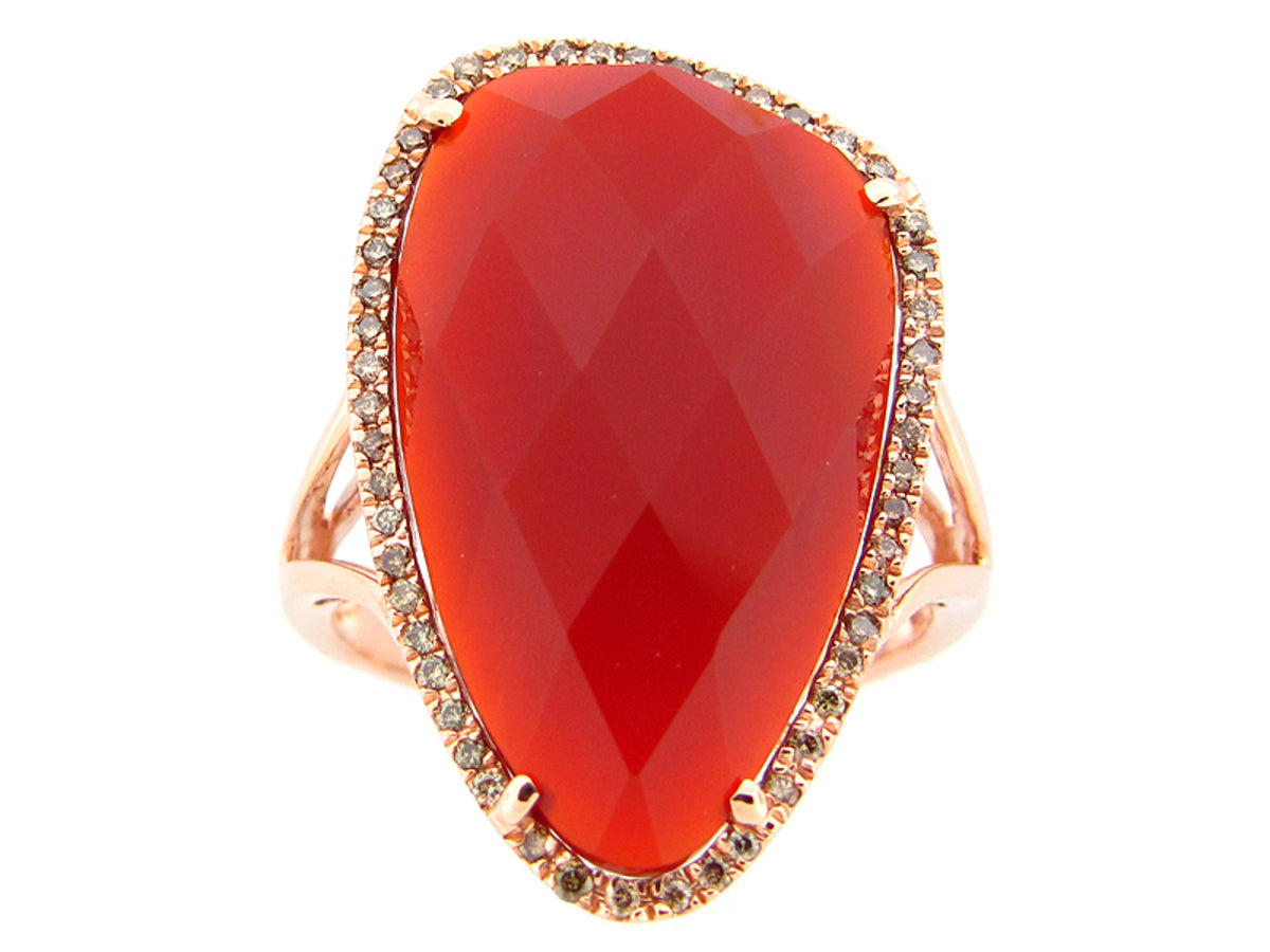 RED ORANGE AGATE, BROWN & WHITE DIAMOND RING, 14KR (D/N)