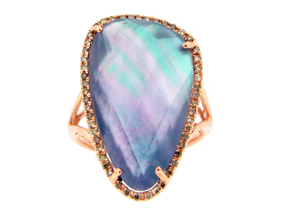 QUARTZ, SHELL & LAPIS TRIPLET, BROWN DIAMOND RING, 14KR (ASBL/N)