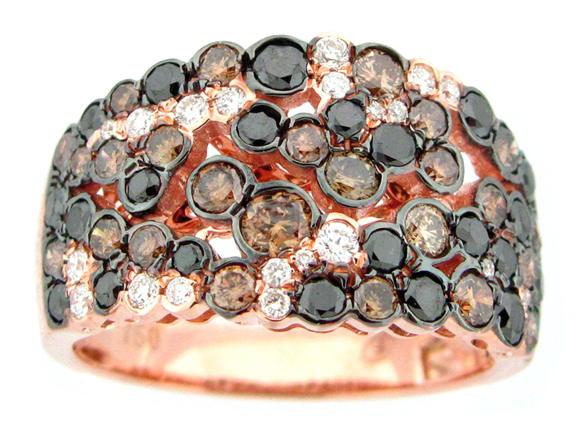 BLACK, BROWN & WHITE DIAMOND RING, 18KR, (R/N)