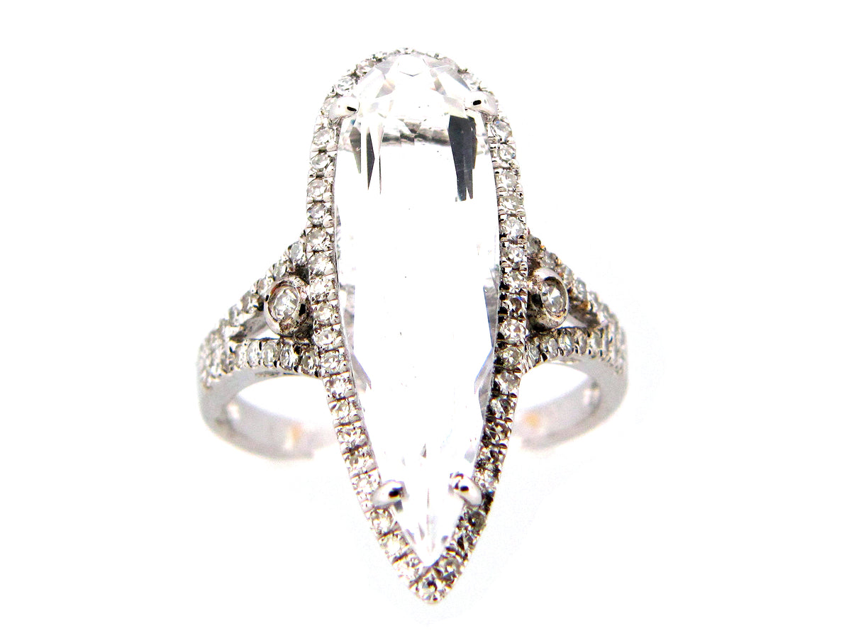 WHITE QUARTZ & DIAMOND RING, 14KW (H/N)