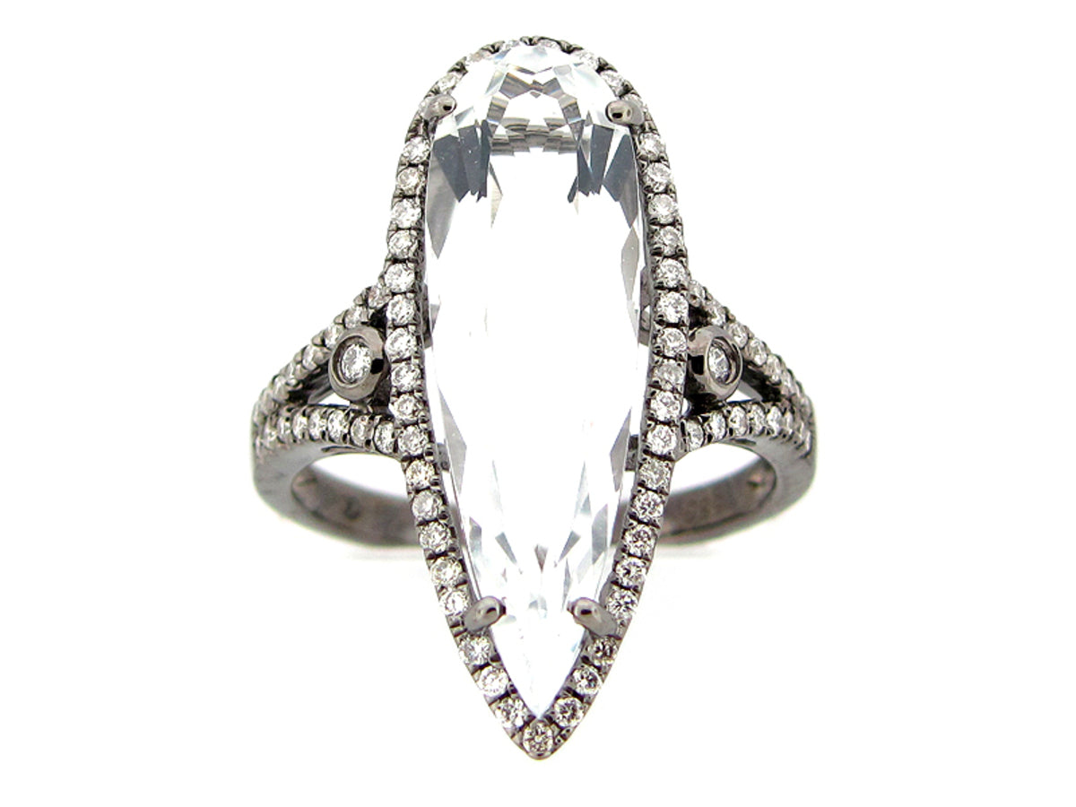 WHITE QUARTZ & DIAMOND RING, 14K BLACK FINISH, 14KB (H/N)