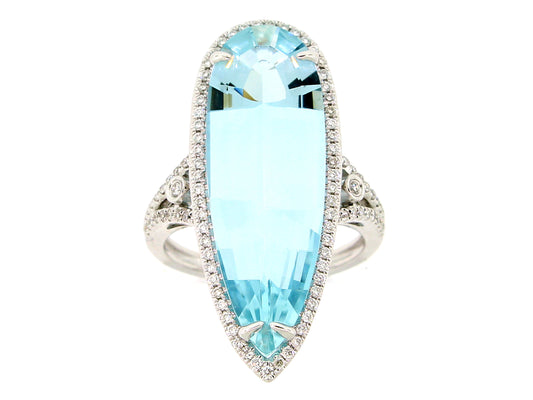 AQUAMARINE & DIAMOND RING, 14KW (H)