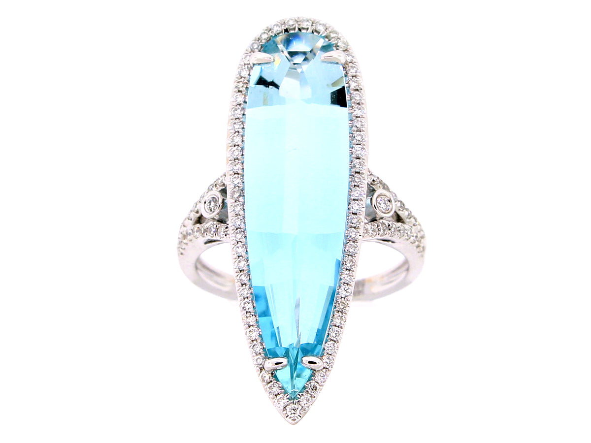 AQUAMARINE & DIAMOND RING, 14KW (H)