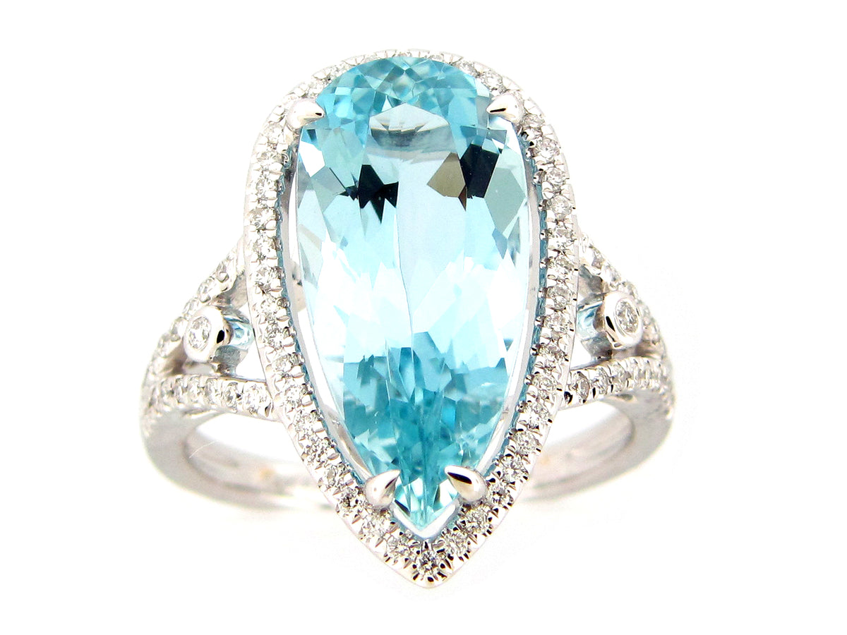 AQUAMARINE & DIAMOND RING, 14KW (H)