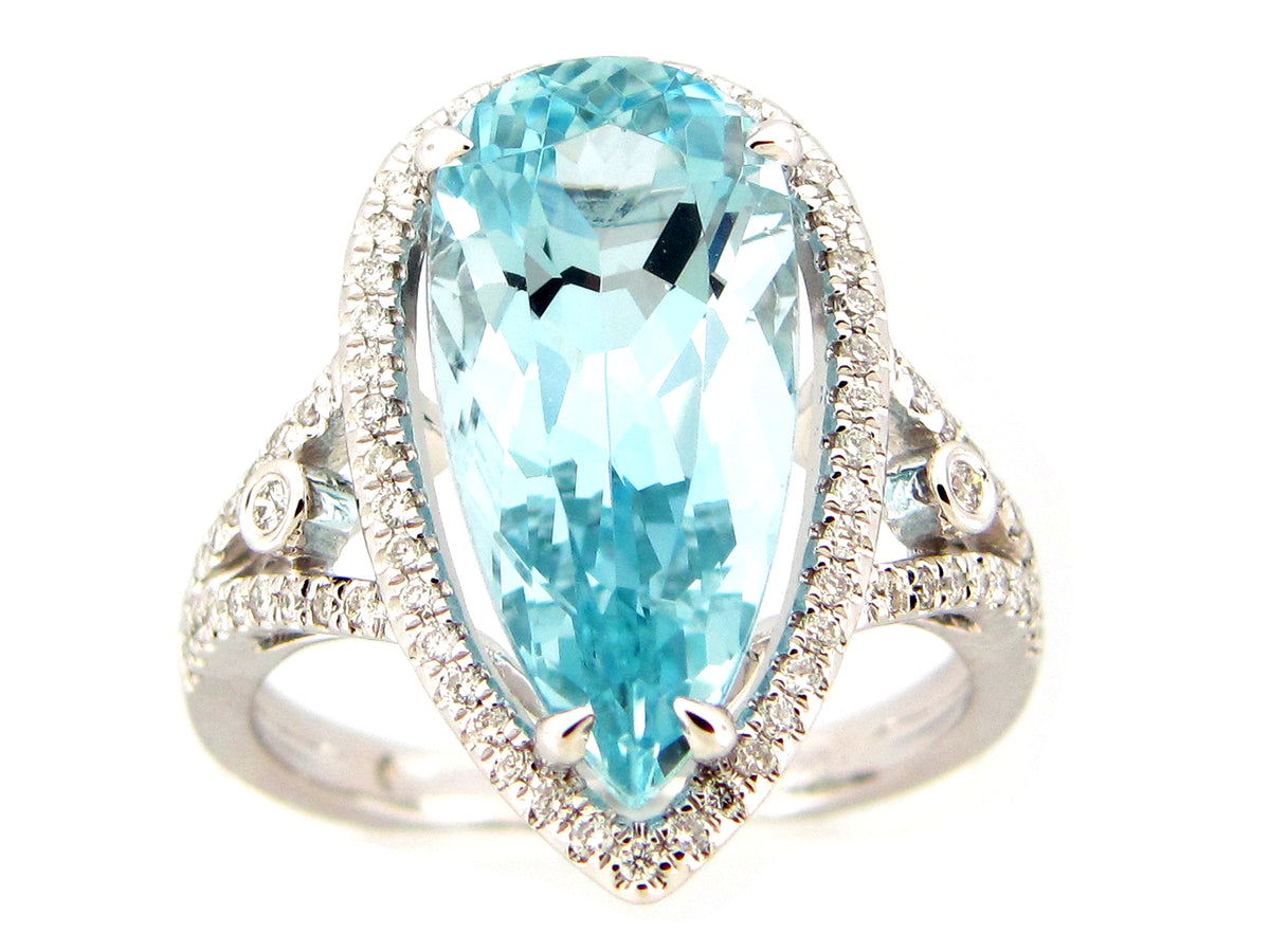 AQUAMARINE & DIAMOND RING, 14KW (H)