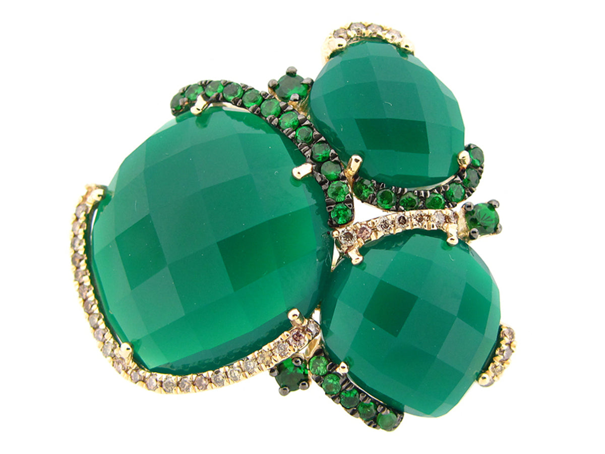 GREEN AGATE, TSAVORITE & BROWN DIAMOND RING, 14KY (D/N)