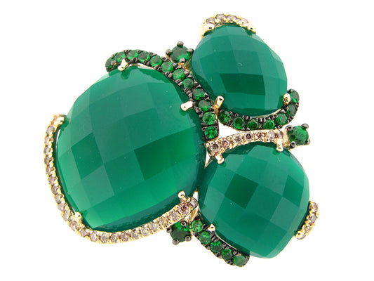 GREEN AGATE, TSAVORITE & BROWN DIAMOND RING, 14KY (D/N)